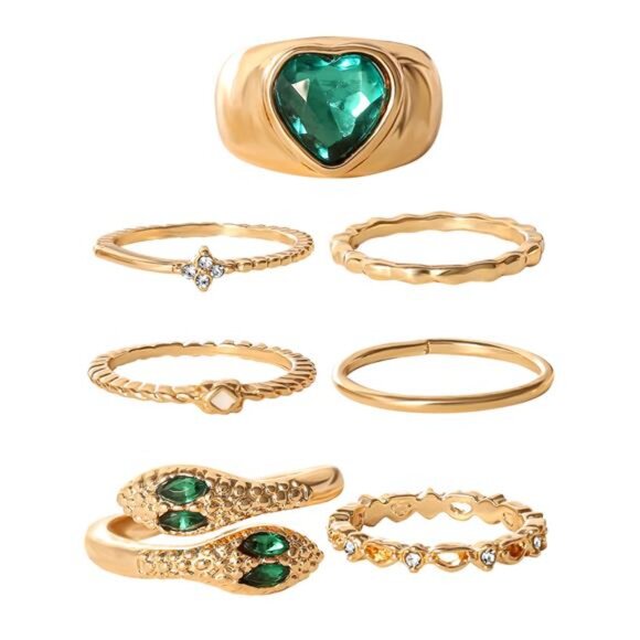 Ring Set, Set of 6 Gold Tone with Variety and Green Gemstones - Picture 1 of 4